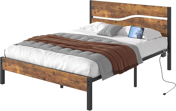VECELO Full Size Platform Bed Frame with USB Charging Station and Wood Storage Headboard, Heavy Duty Metal, Large Storage, Noise-Free, No Box Spring Needed, Easy Assembly, Rustic Brown