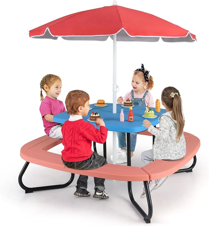 KOTEK 8-Person Kids Picnic Table, Toddler Activity Table with Removable Umbrella, 4 Built-in Benches, HDPE Top & Metal Frame, Kids Outdoor Table for Patio Garden Backyard (Blue+Red)