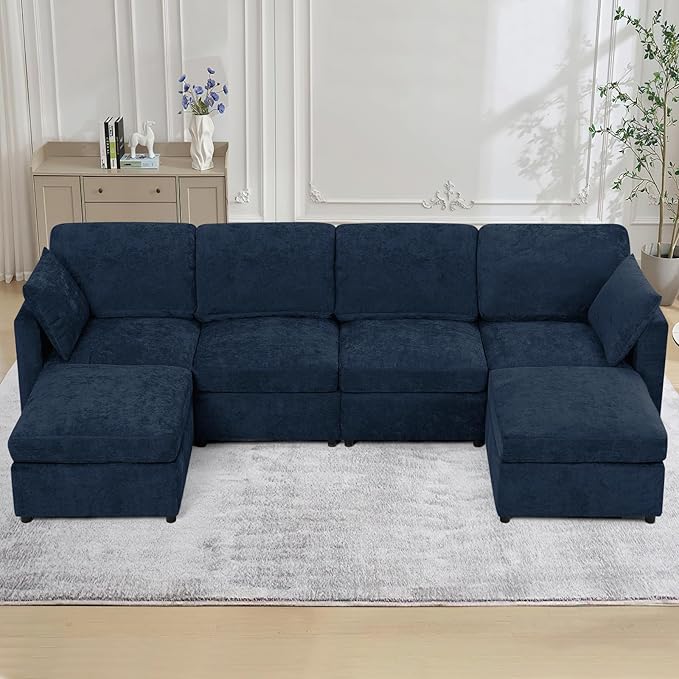 110” Chenille 4 Seats Sofa W/2 Movable Ottoman, Modern Fabric U-Shaped Couch with Soft Backrest, Upholstered Sectional Sofa with Armrest Pillows for Living Room, Office, Blue