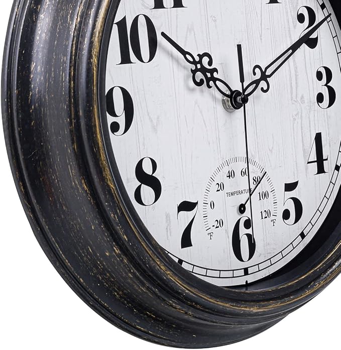 zyzamay 12 Inch Indoor Outdoor Clocks,Waterproof Wall Clock with Thermometer,Easy to Read,Non-Ticking Battery Operated Quality Quartz Clock, Decorative for Patio,Porch,Pool,Bathroom(BlackGold)