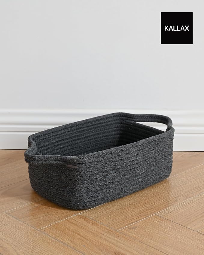 KALLAX Small Woven Basket, 12 x 8 x 4.5 Inches, Small Storage Baskets for Organizing, Gift Baskets Empty, Cute Rope Shelf Closet Storage Bins for Shelves, Dog Toy Basket, 3 Packs, Dark Grey