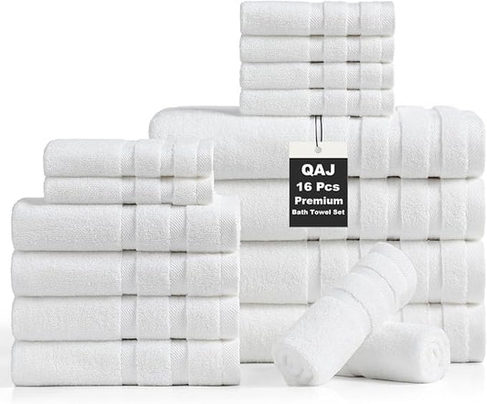 16-Piece Bath Towels Set, 100% Cotton Thick Soft Highly Absorbent Durable, Quick Dry, Bathroom Towels Set (4 Bath Towels, 4 Hand Towels, 8 Washcloths) - Perfect for Daily Use