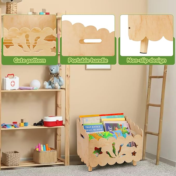 Liitrton Wood Kids Bookshelf for Kids Rooms, Toddler Montessori Bookshelf with 3 Adjustable Dividers, Small Kid Bookcase for Nursery Book Toy Storage (Wood)