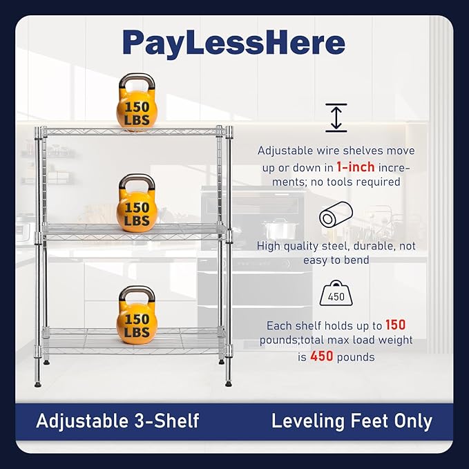 PayLessHere Shelf Shelving Pantry Storage Cabinet Heavy Duty 3 Tier Metal Storage Shelf 450 lbs Total Capacity NSF Certified Space Saving Design Adjustable Feet Easy Assembly (Chrome)