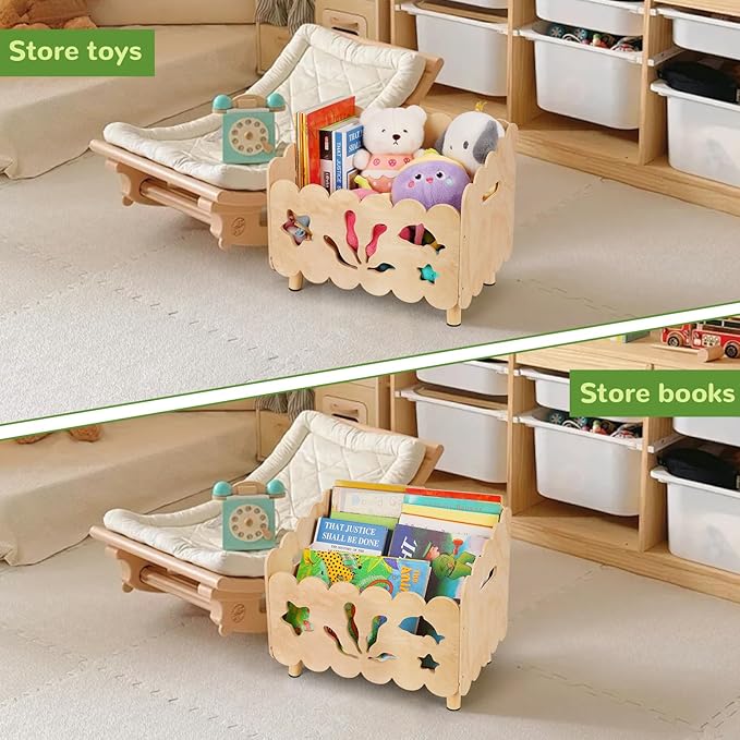 Liitrton Wood Kids Bookshelf for Kids Rooms, Toddler Montessori Bookshelf with 3 Adjustable Dividers, Small Kid Bookcase for Nursery Book Toy Storage (Wood)