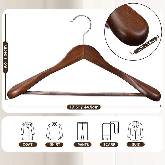 Suit Hangers 6 Pack,Wide Shoulder Wooden Hangers,Solid Wood Coat Hangers with Heavy Duty Retotating Hooks & Non Slip Pants Bar,Smooth Finish Clothes Hanger for Sweater, Pants, Jacket(Walnut)