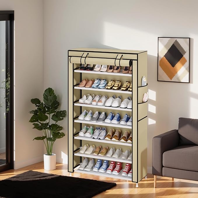 Laiensia 7-Tier Vertical Shoe Rack Organizer, Space Saving Shoe Storage Organizer, Non-Woven Cover Shoe Shelf Holds 28-35 Pairs for Bedroom, Hallway, Closet Entryway, Beige