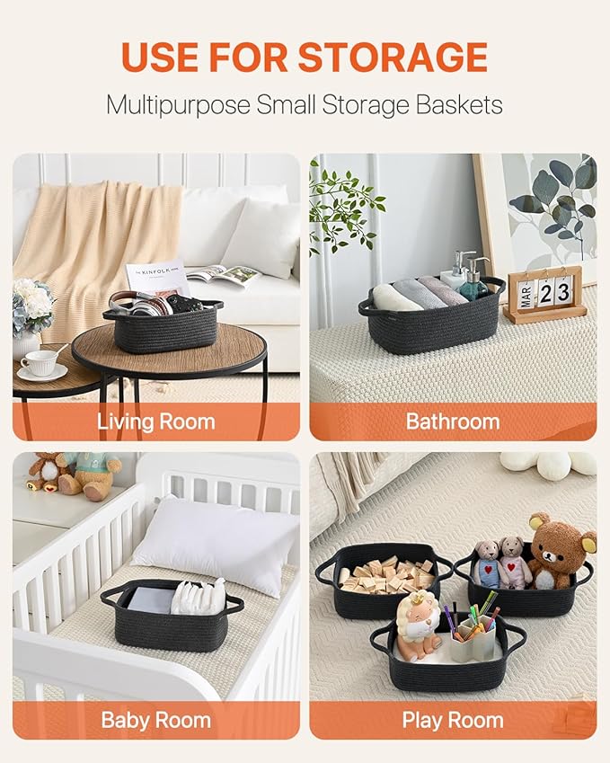 KALLAX Small Woven Basket, 12 x 8 x 4.5 Inches, Small Storage Baskets for Organizing, Gift Baskets Empty, Cute Rope Shelf Closet Storage Bins for Shelves, Dog Toy Basket, 3 Packs, Dark Grey