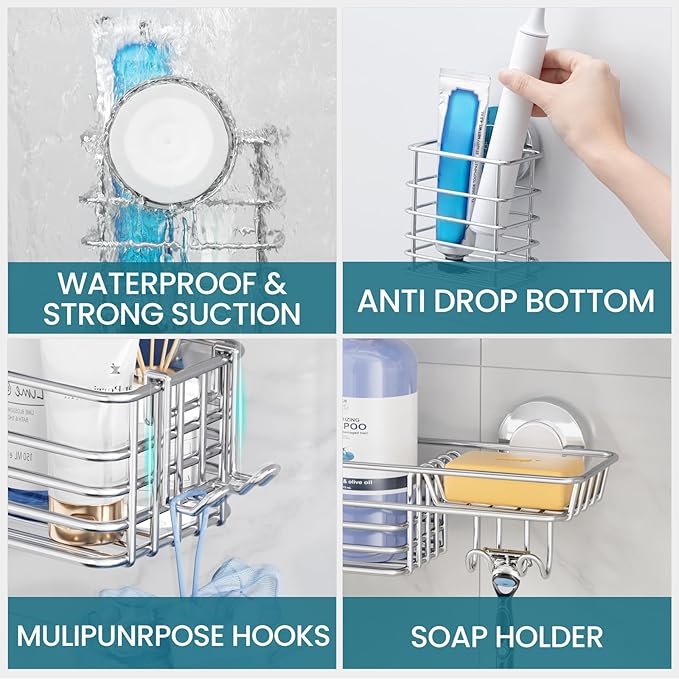 TAILI Shower Caddy Suction Cup, 3 Pack Shelves for Inside with Hooks & Soap Holder Toothbrush Cups, Removable Bathroom Organizer, Rustproof Black Holder Storage-Silver