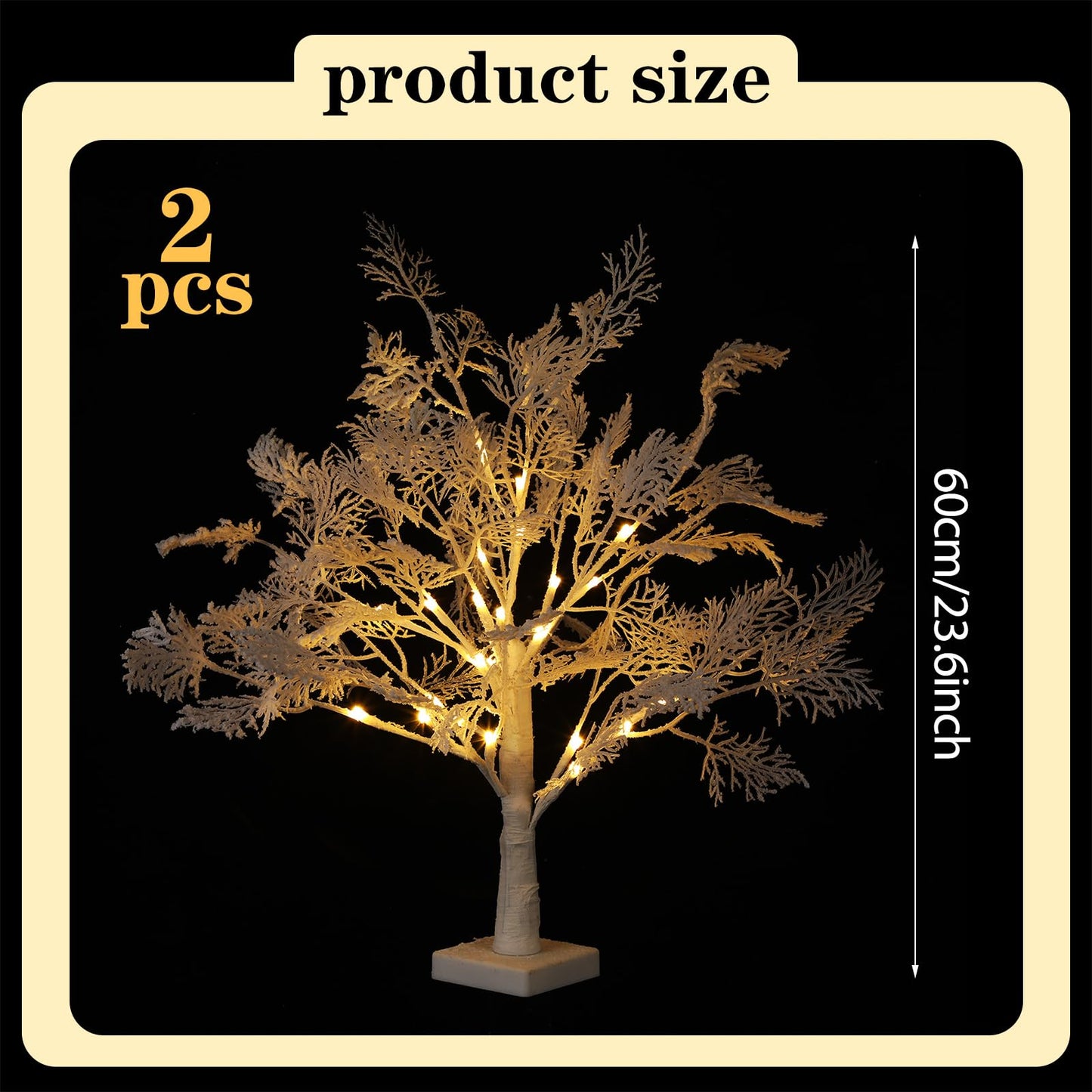 Quzzil 2 Pack Flocked Tabletop Christmas Tree with Lights 24 Inch Artificial Small White Christmas Snow Birch Tree Frost Battery Powered/USB Table Centerpiece for Indoor Mantel Holiday Decor