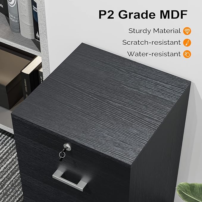 VINGLI 2-Drawer File Cabinet with Lock, Small Rolling Wood Filing Cabinet for Hanging Letter Size Filings with Tabs, Mobile Under Desk File Organizer for Home Office, Classic Black, 27.2" H