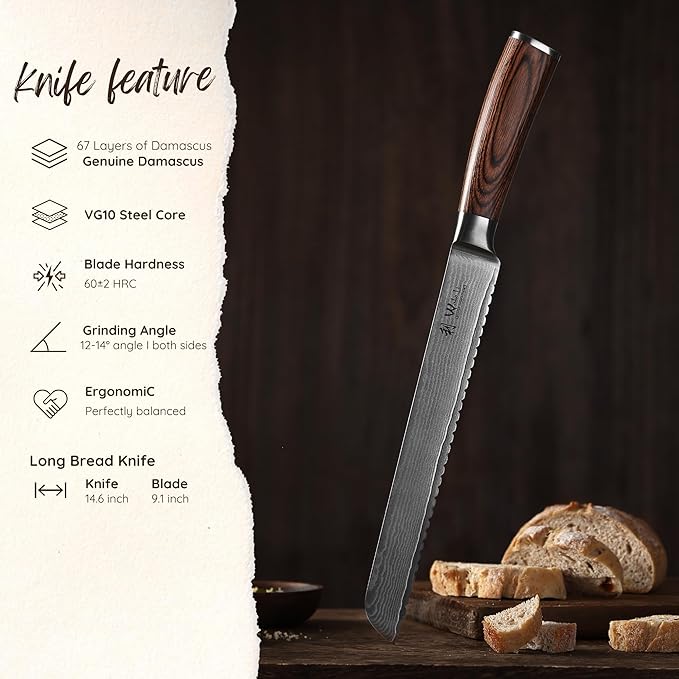 Wakoli Long Bread Knife, 9.1-inch Blade Damascus Chef Knife made from 67 Layers of Damascus Steel with VG10 Core, Sharp Kitchen Knives with Pakkawood Handle, Chefs Knifes for Breads in Gift Box (EDIB)