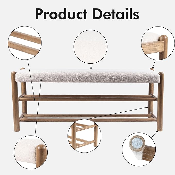 Solid Wood Entryway Bench with Shoe Storage, Rustic Oak Wood and Sherpa Fabric 39.4 Inch Long Seating for Living and Dining Rooms, 3-Tier White