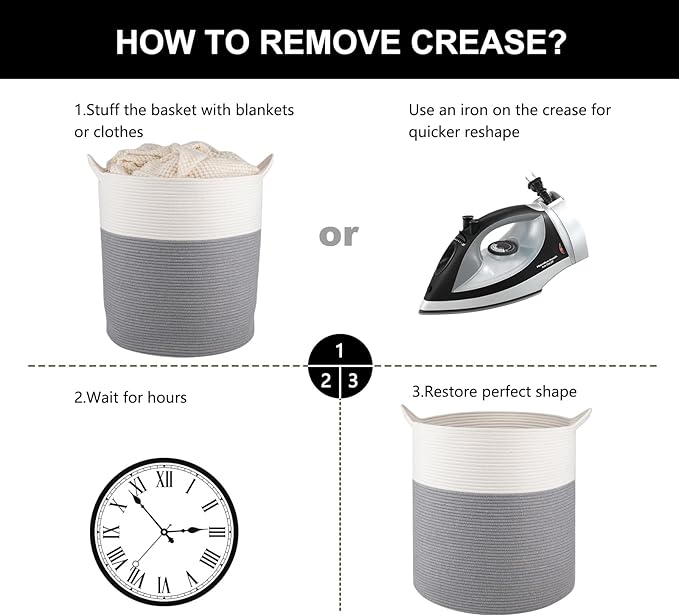 Laundry Basket, 100L Large Laundry Hamper, Tall Woven Rope Storage Basket for Blanket Toys Pillows Towels, Baby Nursery Hamper Bin for Living Room, Bedroom (Grey & White)