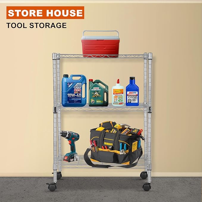 PayLessHere 3-Tier Adjustable Metal Storage Rack with Wheels Mesh Shelving Unit Heavy Duty Storage Shelving Unit,Chrome