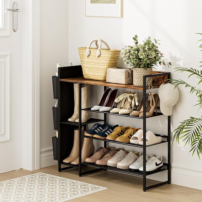 Shoe Racks Bench,Shoe Organizer with Bench for Closet- Free Standing Boot and Shoe Rack with Storage Bag for High Heels, Entryway, Hallways, Closets, Dormitory Rooms,Brown 4-Tier