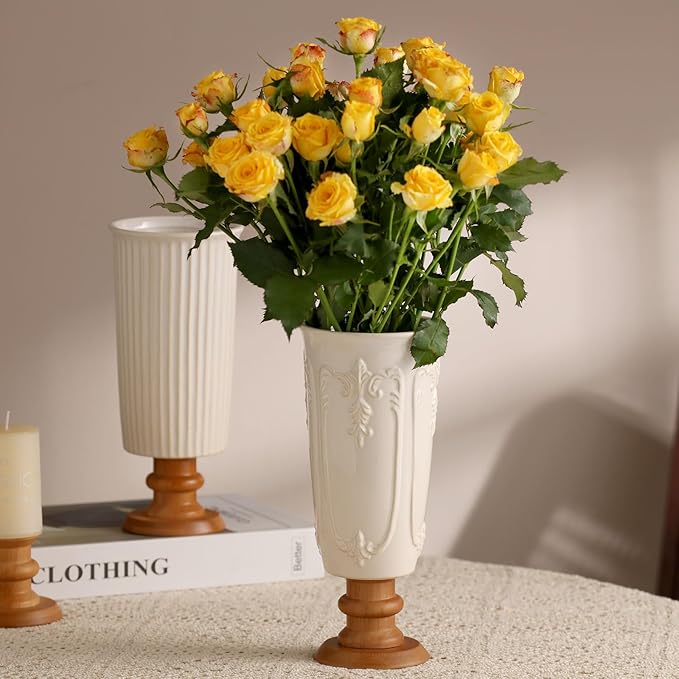 hjn White Cermaic Vase for Flowers Vintage Vase with Wooden Base for Your Home Decor/Table/Kitchen/Office/Living Room-White (French Flower Pattern)