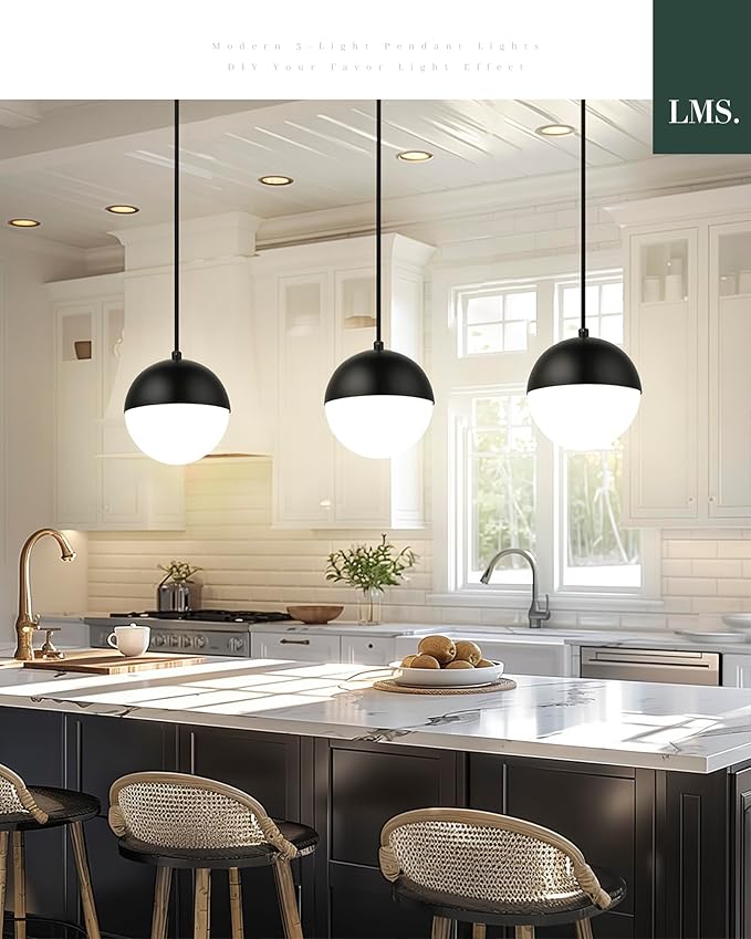 LMS 6-inch Mid Century Pendant Light, Matte Black Pendant Light Fixtures with White Globe Glass, Adjustable Hanging Ceiling Light Fixtures for Dining Room Living Room Bedroom, LMS-186BKS