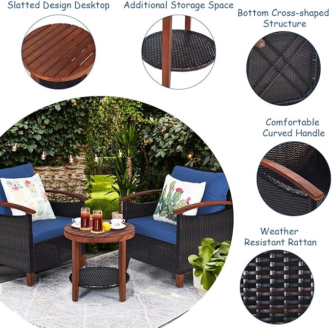 Tangkula 3 Pieces Patio Furniture Set, Outdoor Rattan Sofa and Side Table w/Solid Acacia Wood Frame, High Load Bearing Conversation Bistro Set w/Washable and Removable Cushions (Navy Blue)