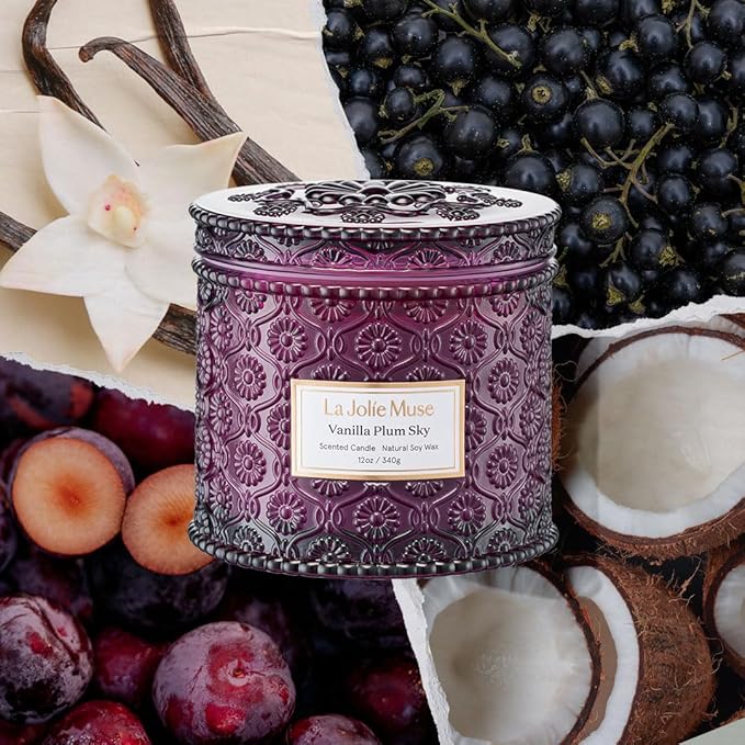 LA JOLIE MUSE Vanilla Plum Sky Candle, Fall Candles for Home Scented, Large 2-Wick Soy Candles, Luxury Jar Candle Gifts for Women & Men, 60 Hours Long Burning, 12oz