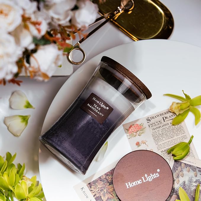 HomeLights 3-Layer Candles for Home Scented, 21.52 OZ Natural Soy Wax Scented Candles Burns Up to 100 Hours, Large Jar, Teak Mahogany