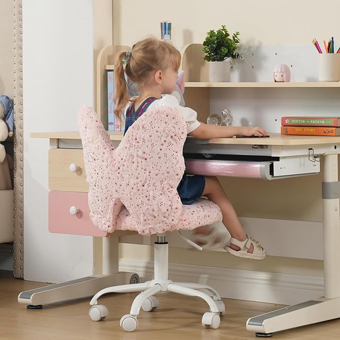 Butterfly Kids Desk Chair Girls Students Study Chair Adjustable Computer Chairs Furry Swivel Office Child Reading Chairs for Home/Bedroom/School/Dorm, Pink