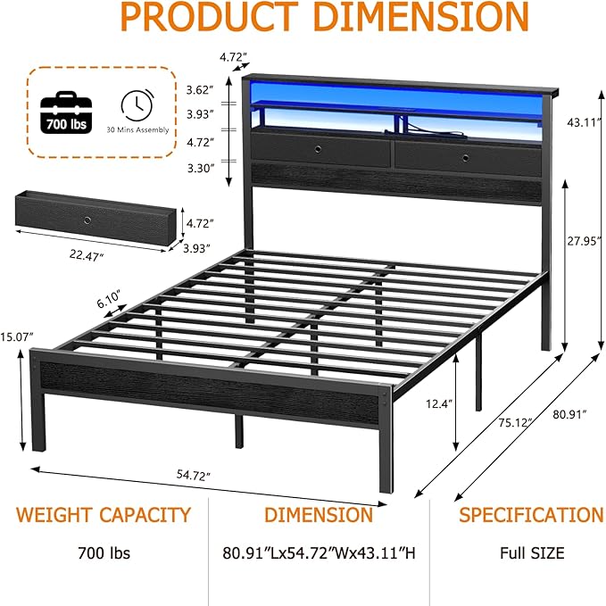 Furnulem Full Size Bed Frame with Headboard & 2 Fabric Drawers, Full Platform Bed Featuring LED Lights, Built-in Charging Station & Storage Shelves, Metal Slats, No Box Spring Needed – Black Oak