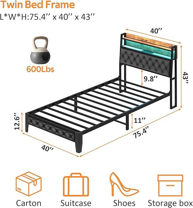 Winkalon Twin Led Bed Frame with Headboard, Bed Frame with Charging Station, Metal Platform Bed Frame Twin Size No Box Spring Needed, Modern Wood Upholstered Headboard and Under Bed Storage