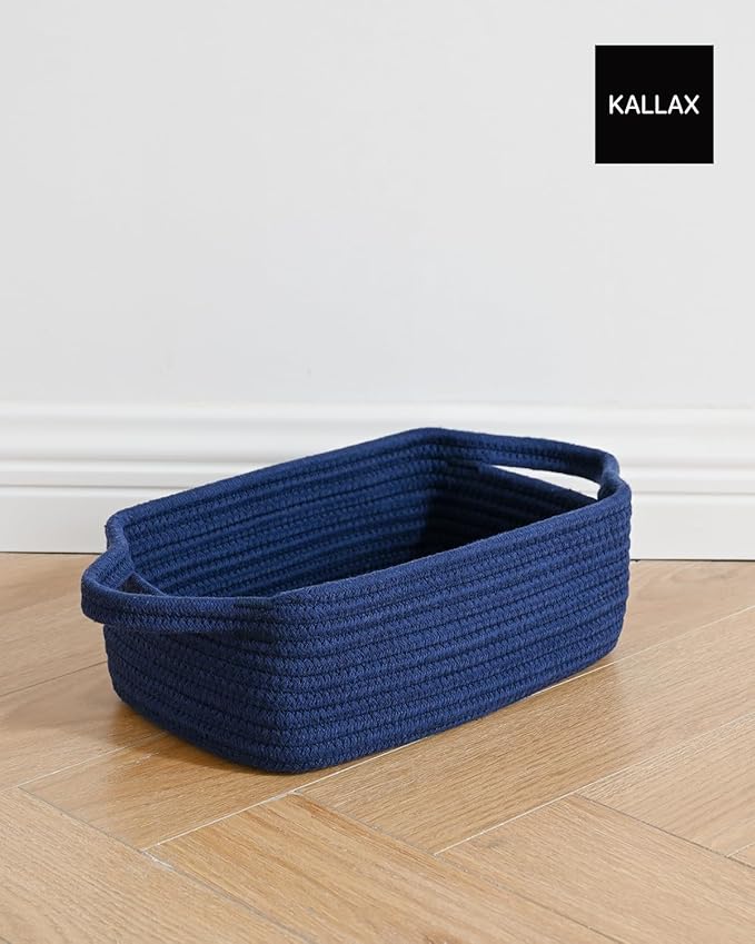 KALLAX Small Woven Basket, 12 x 8 x 4.5 Inches, Small Storage Baskets for Organizing, Gift Baskets Empty, Cute Rope Shelf Closet Storage Bins for Shelves, Dog Toy Basket, 3 Packs, Navy Blue