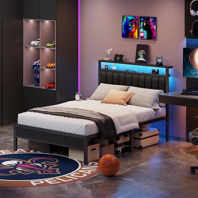 Furnulem Queen Size Bed Frame with Charging Station and LED Lights, Platform Bed with Metal Slats, Grey Upholstered Headboard with 2-Tier Storage Shelves, No Box Spring Needed