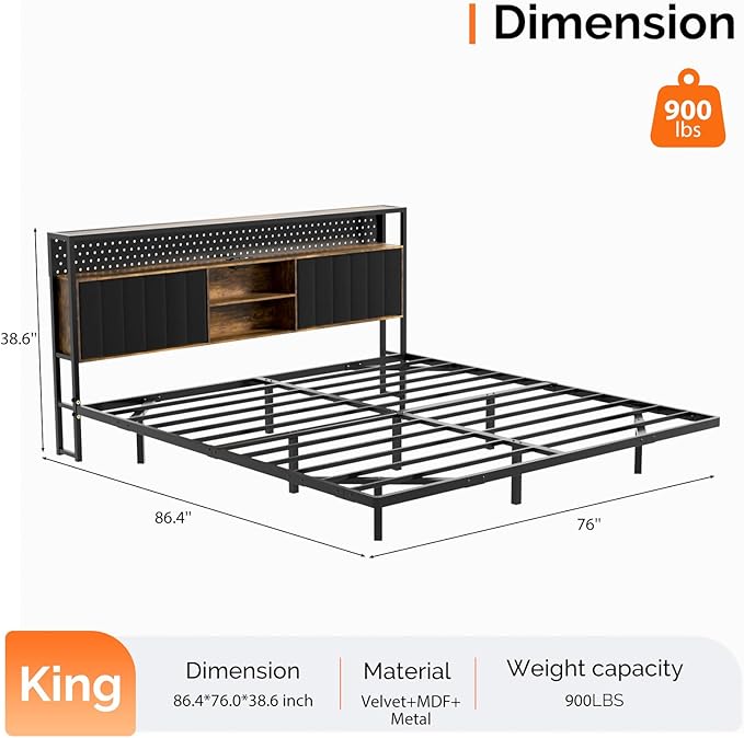 VINGLI King Size Floating Bed Frame with LED Lights and Charging Station, Cozy Hidden Storage Velvet Upholstered Headboard,No Box Spring Needed,Easy Assembly,Black