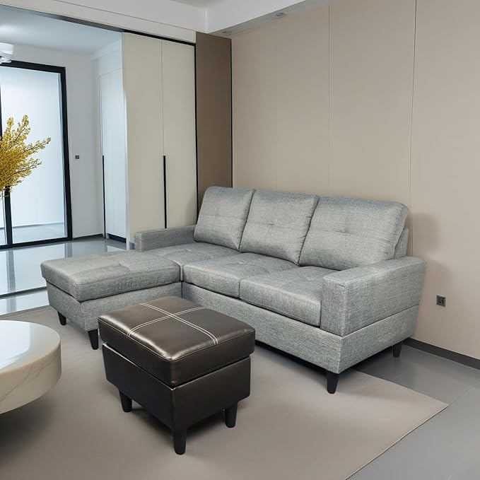 FONTOI L Shaped Sofa with Ottoman, Modern Faux Leather Couch with Chaise, 3 Seat Living Room Sofa Set with Solid Wood, for Home, Apartment, Study Room, Brown Grey