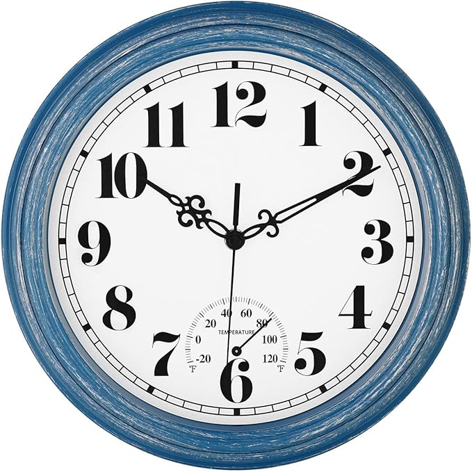 zyzamay 12 Inch Indoor Outdoor Clocks,Waterproof Wall Clock with Thermometer,Easy to Read,Non-Ticking Battery Operated Quality Quartz Clock, Decorative for Patio,Porch,Pool,Bathroom,Deck(Blue)