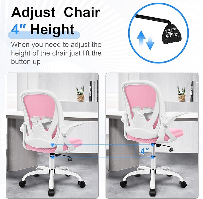 Primy Office Chair Ergonomic Desk Chair with Adjustable Lumbar Support and Height, Swivel Breathable Desk Mesh Computer Chair with Flip up Armrests for Conference Room (Pink)