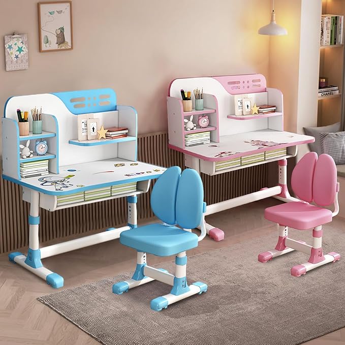 Study Desk with Chair, Height Adjustable Kids Desk and Chair Set, Widened Children Desktop, Children Learning Desk and Chai Set with Spacious Storage Drawer, Pink Desk Chair for Girls (Pink-C)