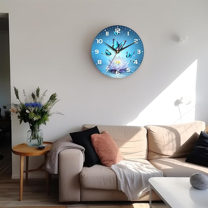 Wall Clock, 10 Inch Silent Non-Ticking Home Kitchen Decor, Battery Operated for Bathroom Bedroom Living Room Office(Magic Lotus Flower Butterfly)