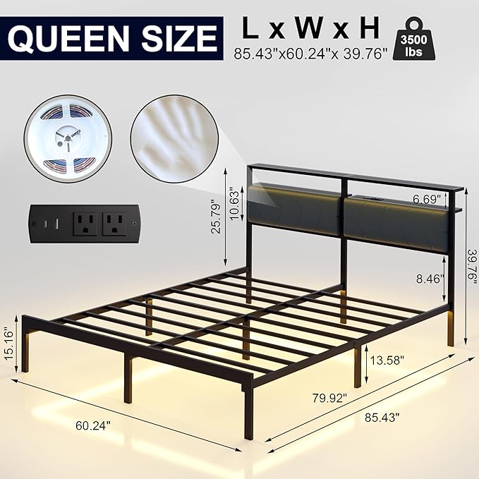 Queen Bed Frame with LED Lights & Charging Station, Metal Platform Bed Frame with 2 Tier Storage Headboard, Under Bed Storage, No Box Spring Needed, Noise Free, Easy Assembly