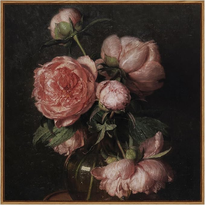 InSimSea Square Framed Canvas Wall Art, Farmhouse Prints Vintage Floral Flowers Peony Paintings Wall Decor Prints, Wall Art for Living Room, Bathroom, Office, Kitchen Home Decor 16"x16"