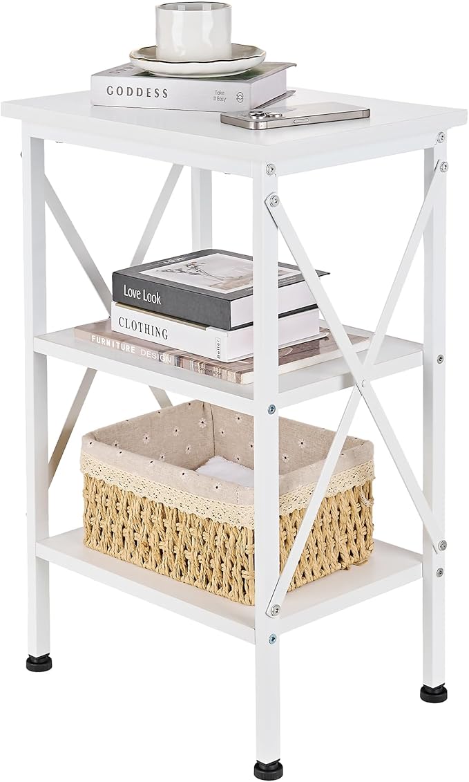 VECELO End Table, Bedside Table, 24" Tall Living Room End Tables, X-Design Reinforced Nightstands, Side Table with 3-Tier Storage Shelves for Small Spaces, Office, Bathroom, Bedroom, Pearl White