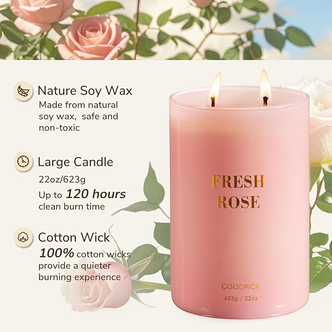 Goodpick Fresh Rose Candles for Women, Pink Candle, Soy Wax 22oz Large 120 Hours Burn, Stress Relief Aromatherapy Candles