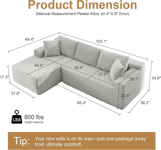 104''Sectional Cloud Couch with L Shaped Chaise,Modern Modular Sectional Sofa,Boneless Couch with Deep Seat,Comfy Couches for Living Room (Light Grey, Left Facing Chaise)