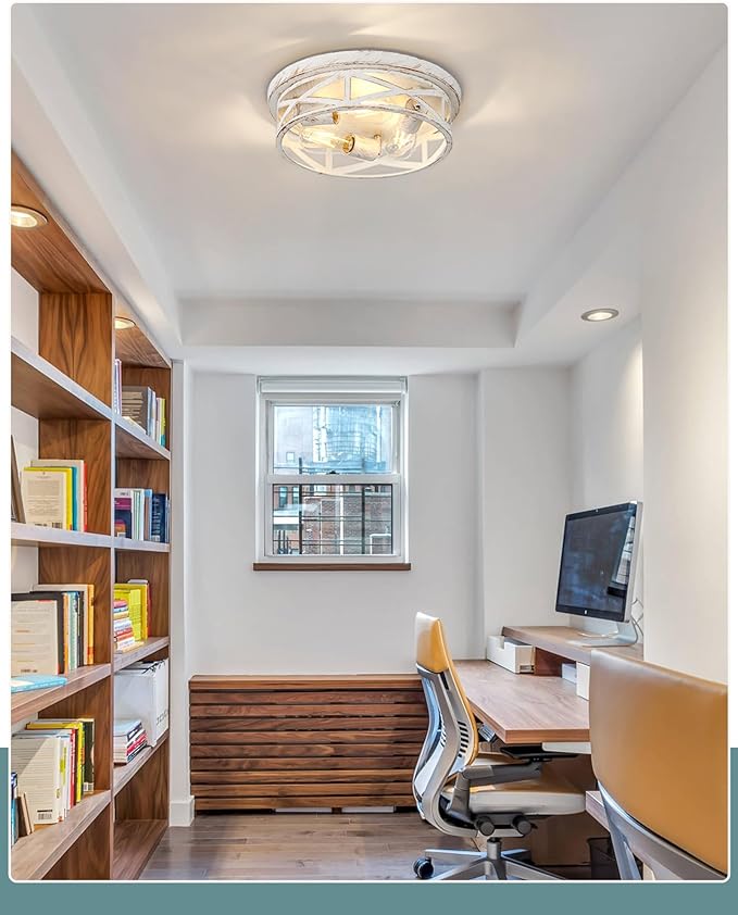 2 Pack Close to Ceiling Light Fixtures, 3-Lights Cage Flush Mount Ceiling Light, 13 Inch White and Gold Semi Flush Mount Ceiling Light for House Bedroom Laundry Hallway Kitchen