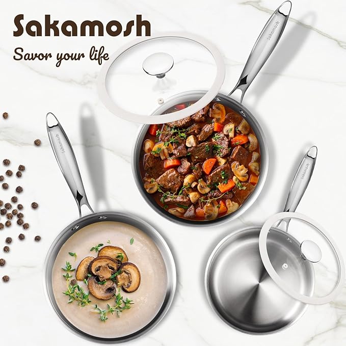 1.5 Quart Tri-ply Stainless Steel Saucepan with Glass Lid, Induction Sauce Pan Compatible with All Cooktops, Non-Toxic Sauce Pot with Stay Cool Handle, Oven & Dishwasher Safe