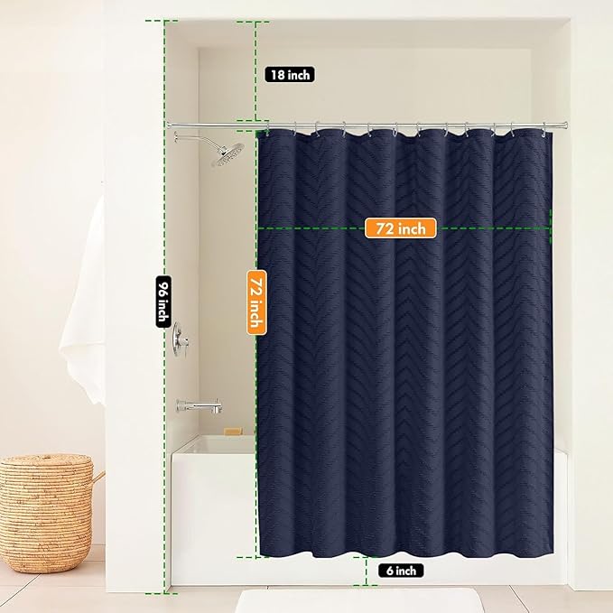 Navy Blue Fabric Shower Curtain Boho Tufted Chevron Striped Textured Cloth Curtains for Bathroom Farmhouse Shabby Chic Waterproof Set with Hook, Wrinkle Free