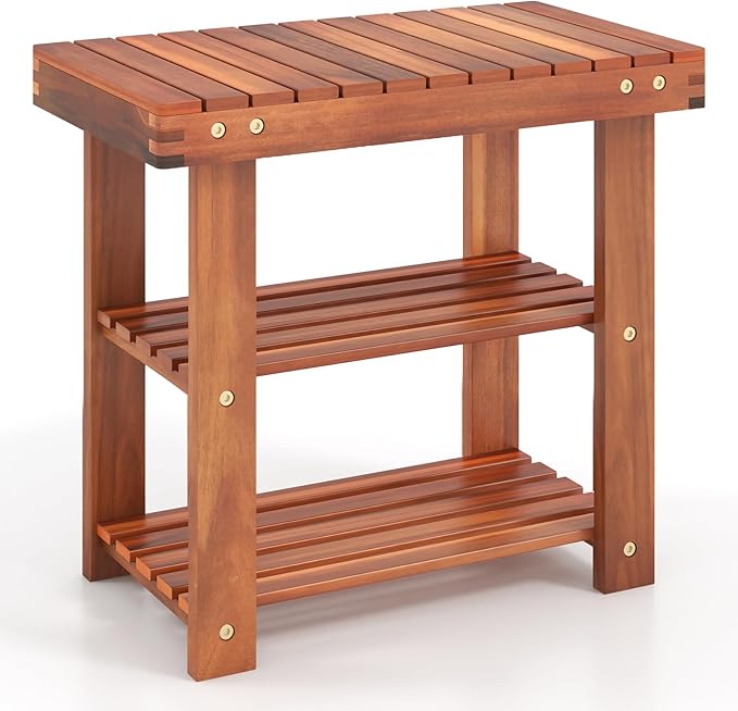 Tangkula Acacia Wood Shoe Rack Bench, 3 Tier Sturdy Bench, Storage Organizer, Holds up to 180lbs for Entryway, Bedroom, Living Room, Balcony, Teak Color (19-inch)