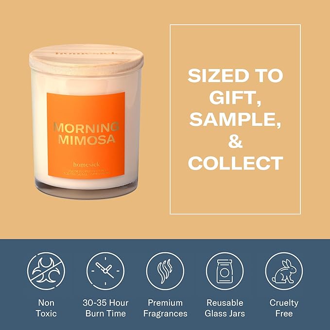 Homesick Scented Candles for Home (Morning Mimosa) - 7.5 oz Long-Lasting Natural Soy Wax Blend Jar Candle Gift for Women & Men for All Occasions, 30-35 Hours Burn Time - Notes of Orange Flower & Honey