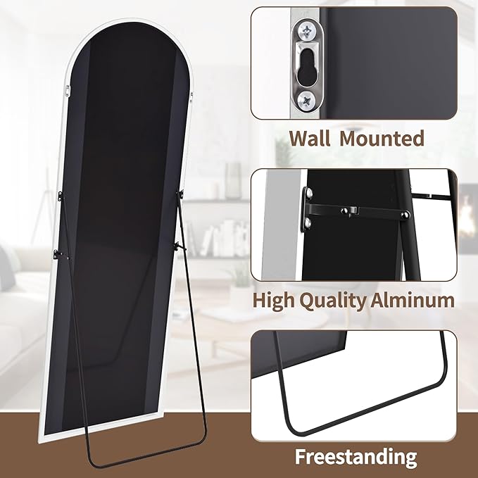OGCAU Full Length Mirror - 65"x22" Arched-Top, Hanging or Leaning, Standing, Wall Mounted with Aluminum Frame for Bedroom (White)