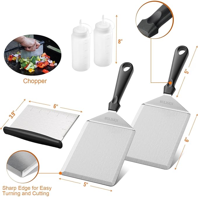 HULISEN Griddle Accessories Kit (5 Pieces), 6 x 5 Inch Stainless Steel Spatula with Cutting Edges, 2 Squeeze Bottles, Chopper/Scraper, Essential Flat Top Grill Accessories for Cooking Indoor/Outdoor