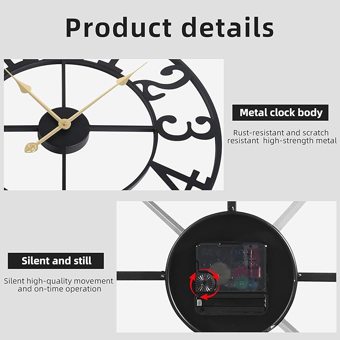 Wall Clock Battery Operated,Silent Non Ticking Modern Rustic Metal Small Clocks for Living Room/Bedroom/Office/Kitchen/Farmhouse Home Decor-14IN(Arabic Number-Black)