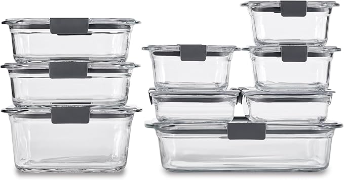 Rubbermaid Brilliance Glass Food Storage Containers, Assorted Sizes, Set of 9, BPA-Free, Leak-Proof, Clear